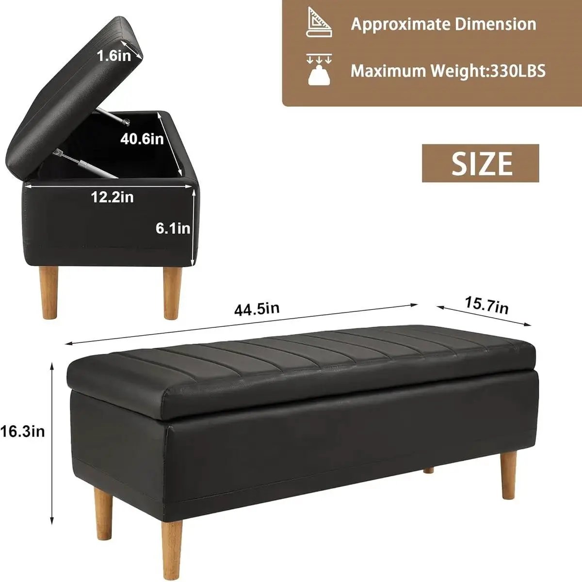 Modern Mid-Century Black Faux Leather End of Bed Storage Bench Ottoman by HomePacific