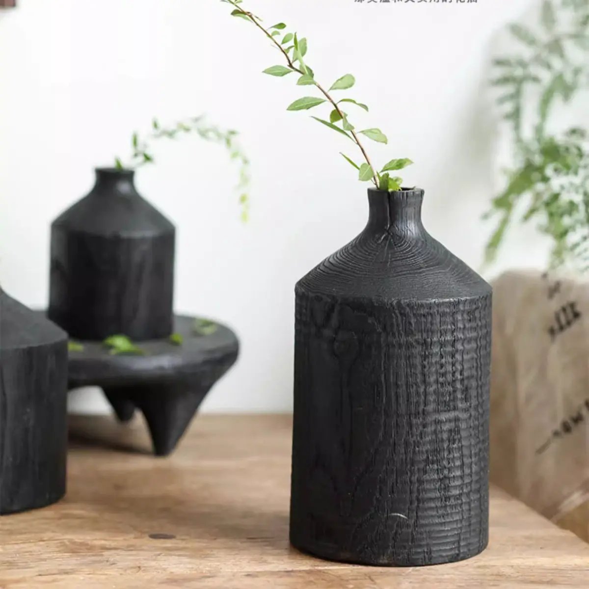 Black Wooden Vase Narrow Neck Decorative Bottle by RusticReach