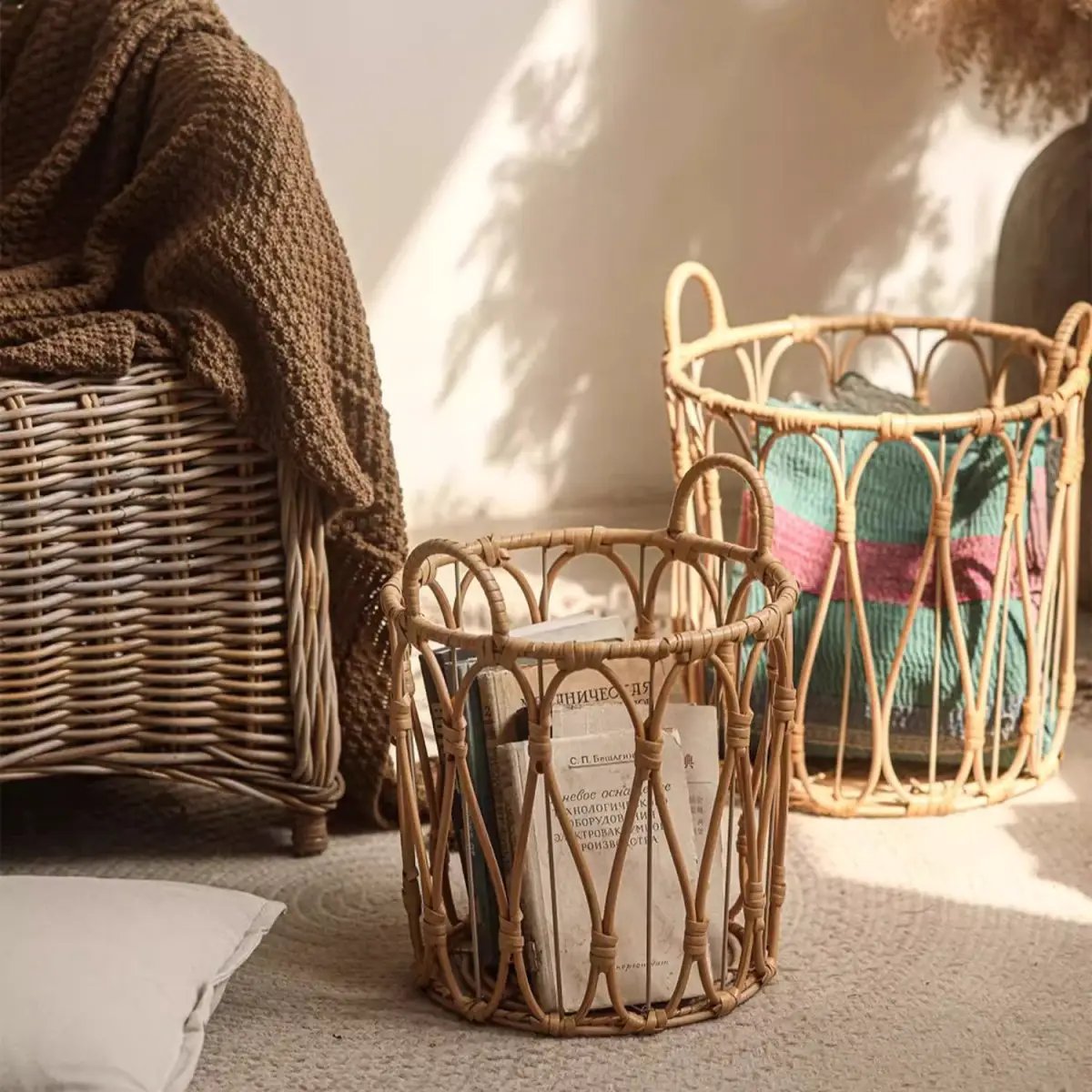 Bohemian Open-Weave Rattan Basket by RusticReach