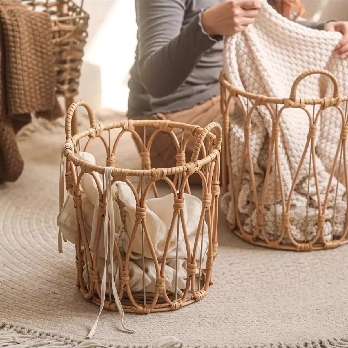 Bohemian Open-Weave Rattan Basket by RusticReach