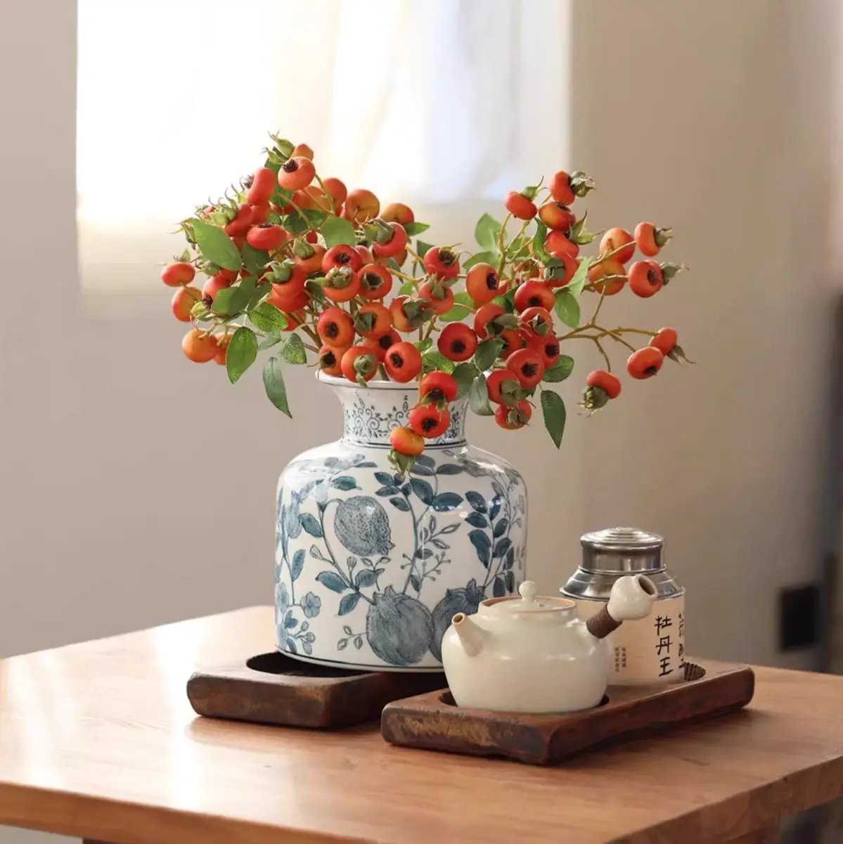 Pomegranate Hand-Painted Blue and White Porcelain Vase by RusticReach