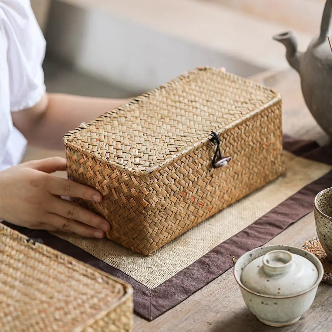 Rectangular Natural Straw Storage Basket with Lid by RusticReach