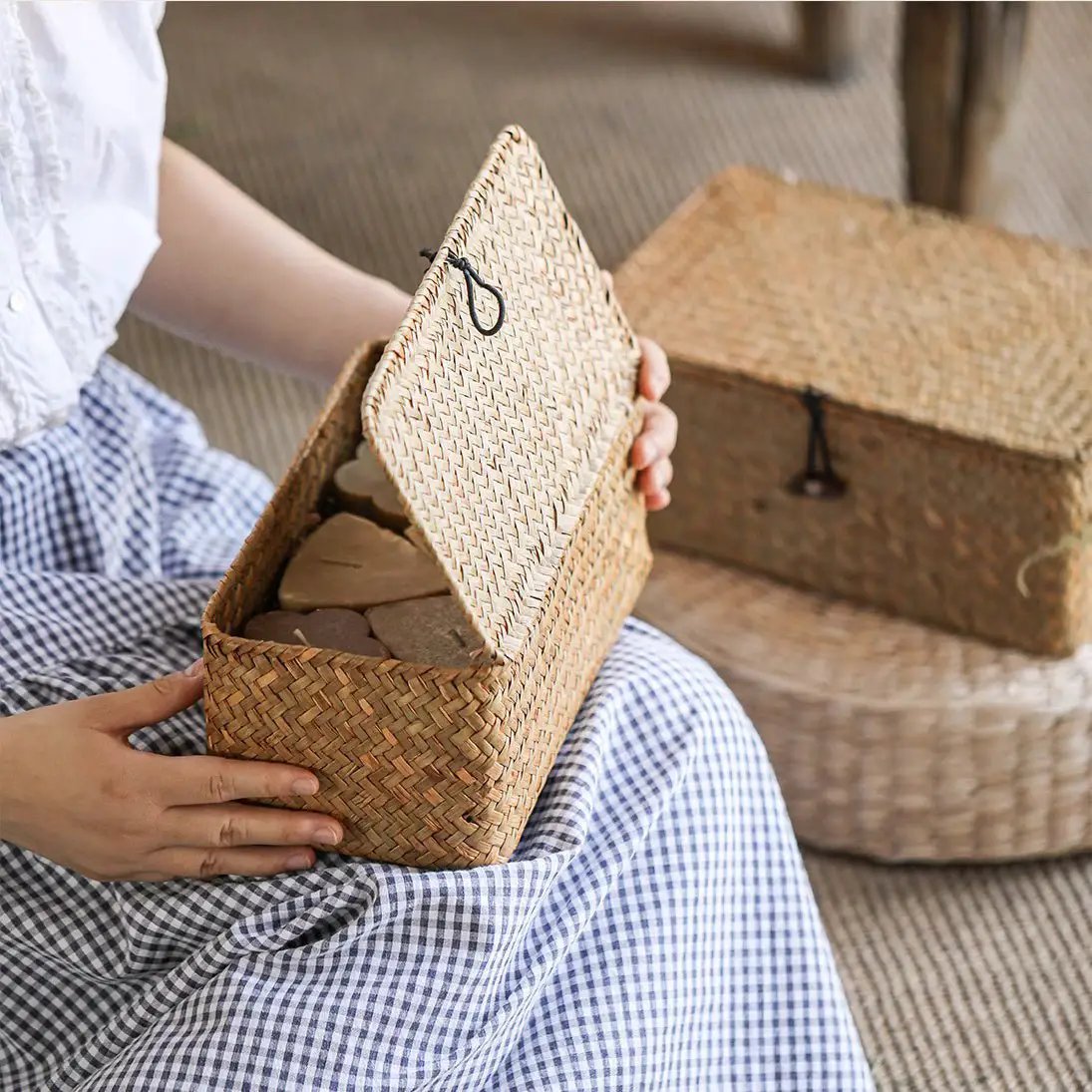 Rectangular Natural Straw Storage Basket with Lid by RusticReach