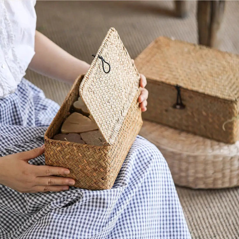 Rectangular Natural Straw Storage Basket with Lid by RusticReach