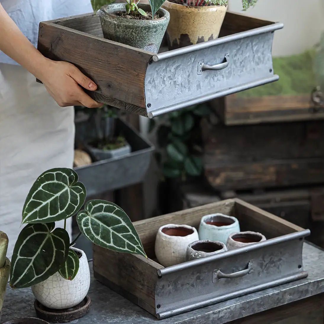 Rustic Wood and Metal Garden Tray Planter by RusticReach