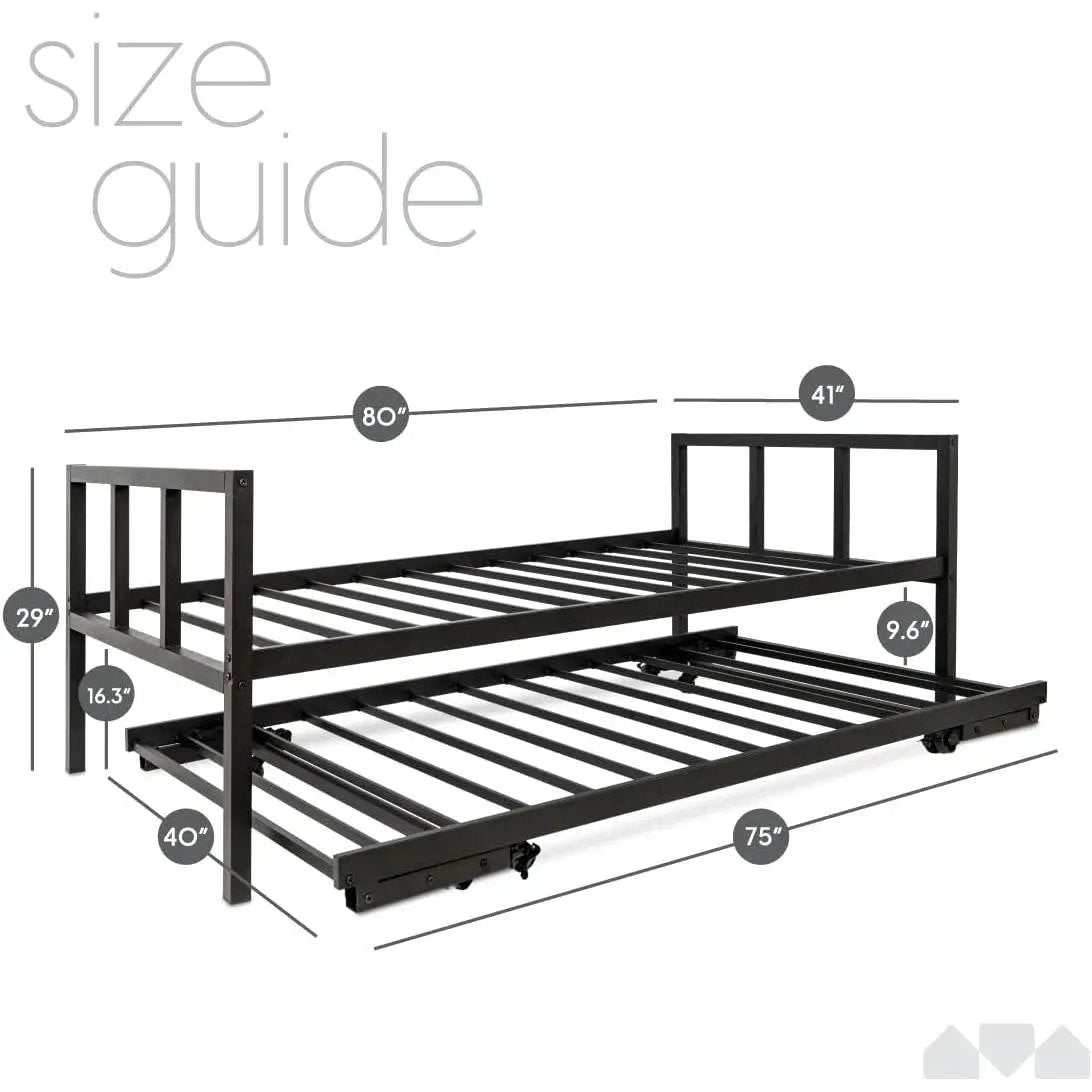 Twin Heavy Duty Black Metal Daybed Frame with Roll-Out Pop-Up Trundle Bed Frame by HomePacific