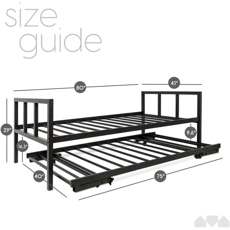 Twin Heavy Duty Black Metal Daybed Frame with Roll-Out Pop-Up Trundle Bed Frame by HomePacific