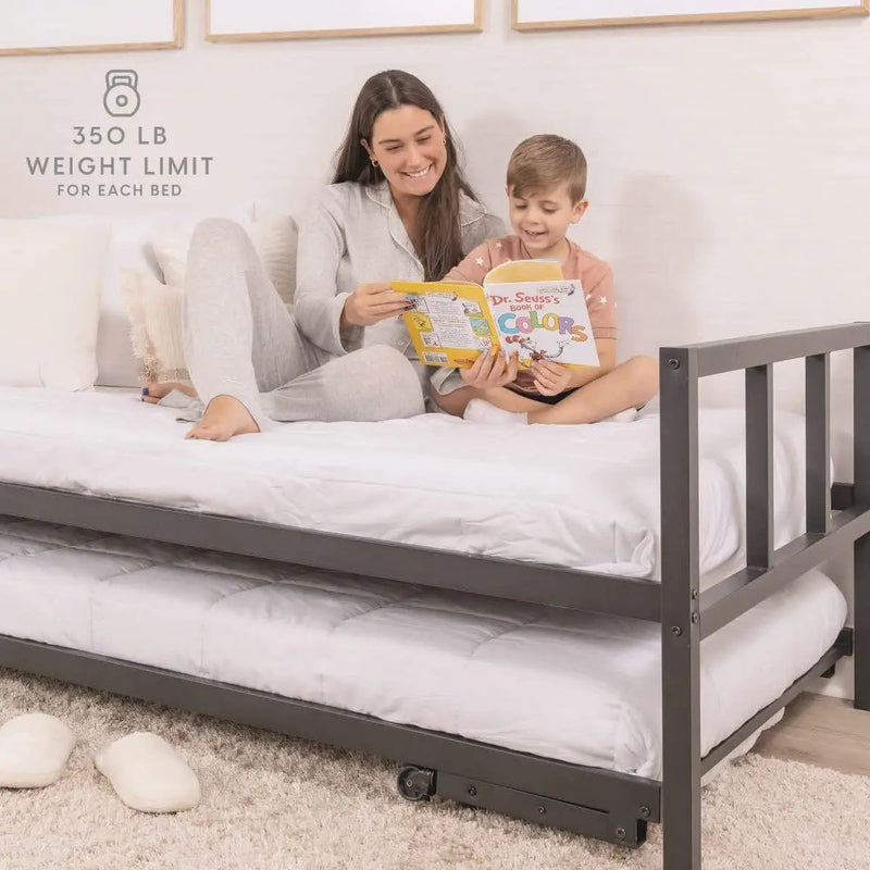 Twin Heavy Duty Black Metal Daybed Frame with Roll-Out Pop-Up Trundle Bed Frame by HomePacific