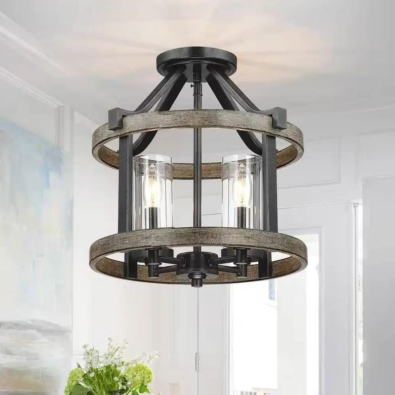 Round 4-Light 12.5-inch Metal Wood Farmhouse Ceiling Lamp - Semi-Flush Mount by HomePacific