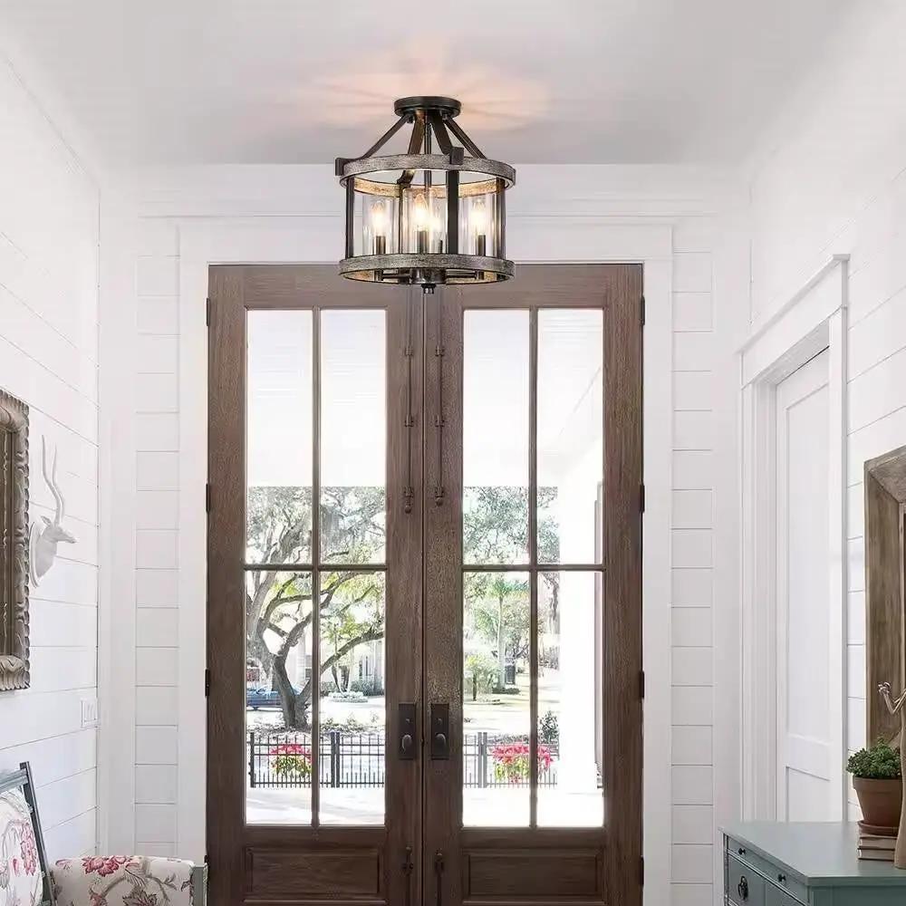 Round 4-Light 12.5-inch Metal Wood Farmhouse Ceiling Lamp - Semi-Flush Mount by HomePacific