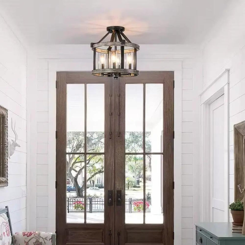 Round 4-Light 12.5-inch Metal Wood Farmhouse Ceiling Lamp - Semi-Flush Mount by HomePacific