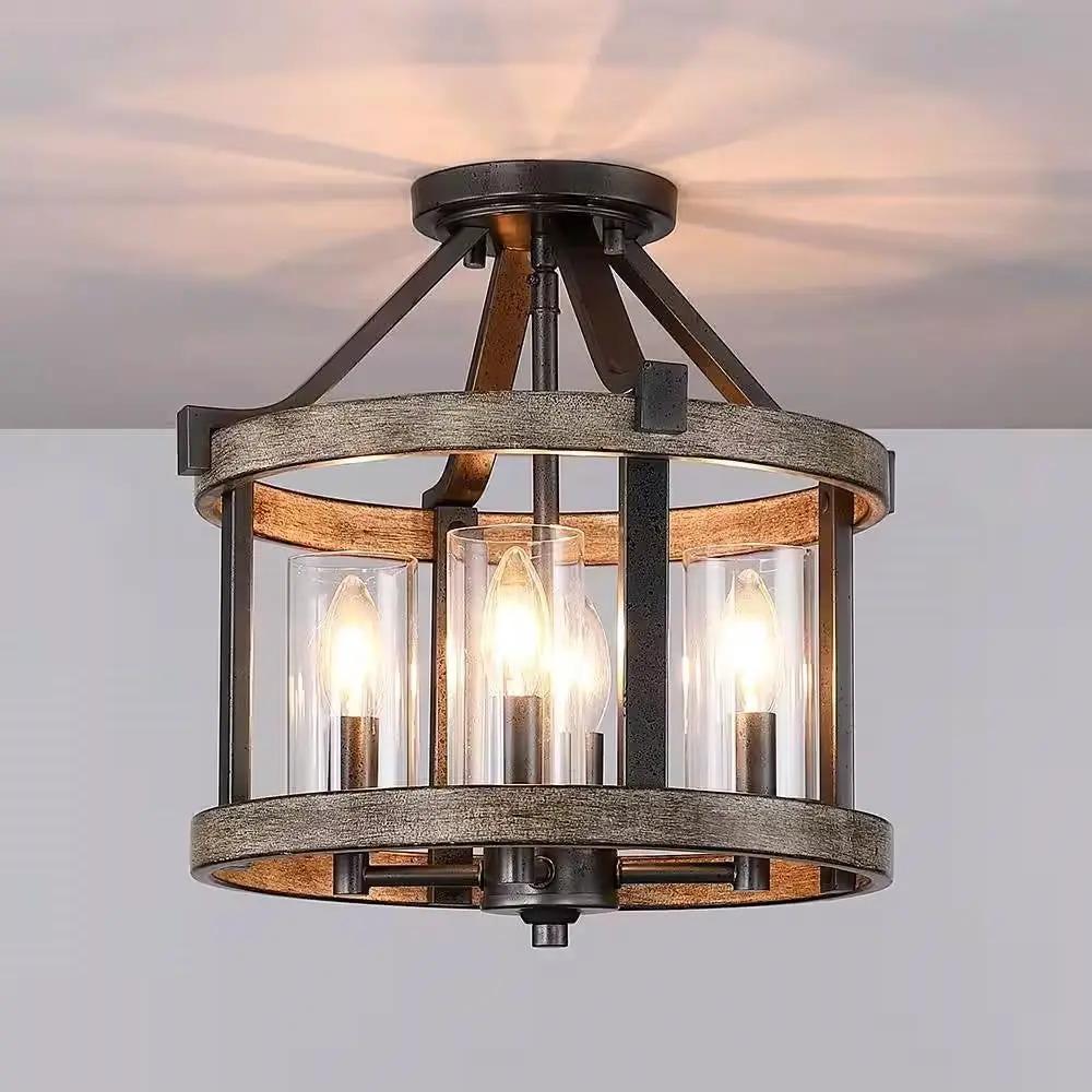 Round 4-Light 12.5-inch Metal Wood Farmhouse Ceiling Lamp - Semi-Flush Mount by HomePacific