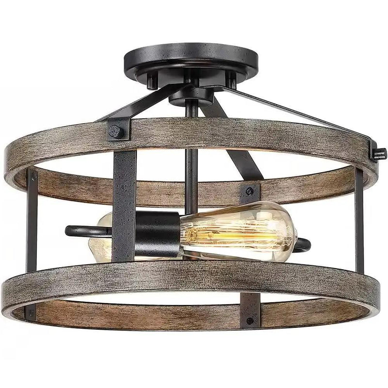 Round 13-inch Metal Wood Farmhouse 2-Light Ceiling Lamp - Semi-Flush Mount by HomePacific