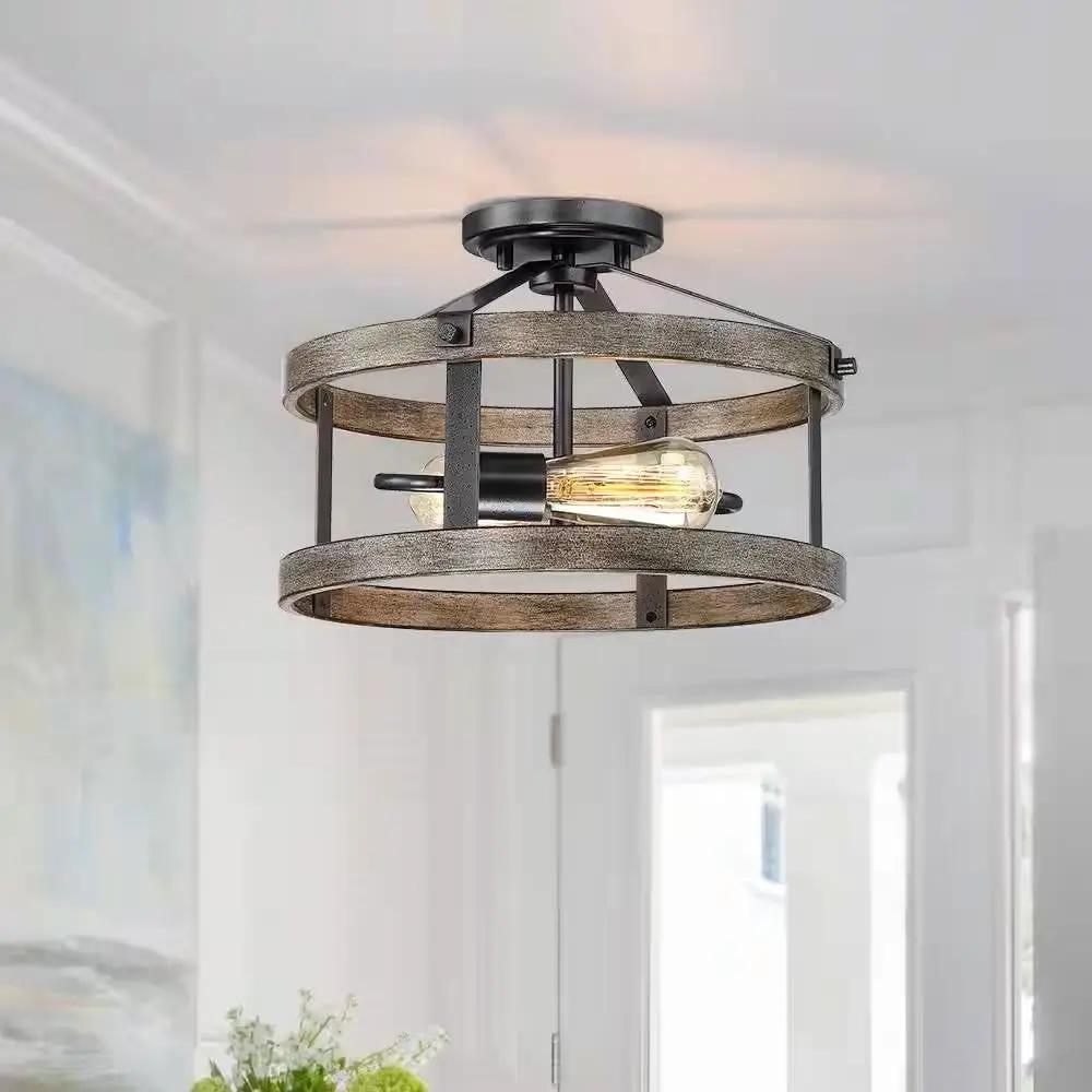 Round 13-inch Metal Wood Farmhouse 2-Light Ceiling Lamp - Semi-Flush Mount by HomePacific