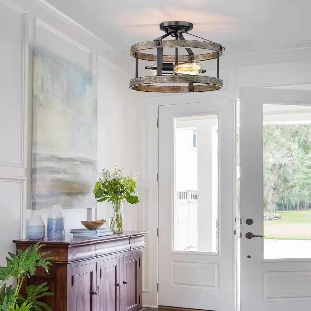 Round 13-inch Metal Wood Farmhouse 2-Light Ceiling Lamp - Semi-Flush Mount by HomePacific