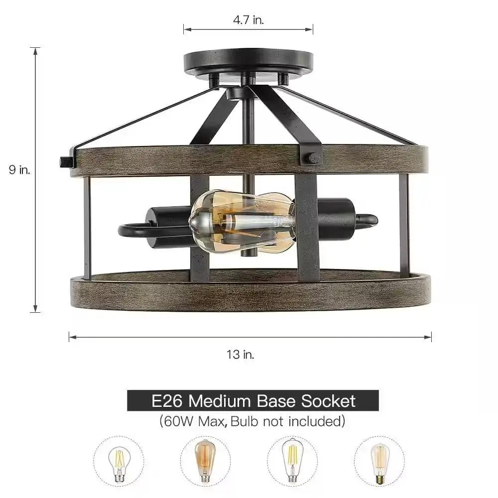 Round 13-inch Metal Wood Farmhouse 2-Light Ceiling Lamp - Semi-Flush Mount by HomePacific