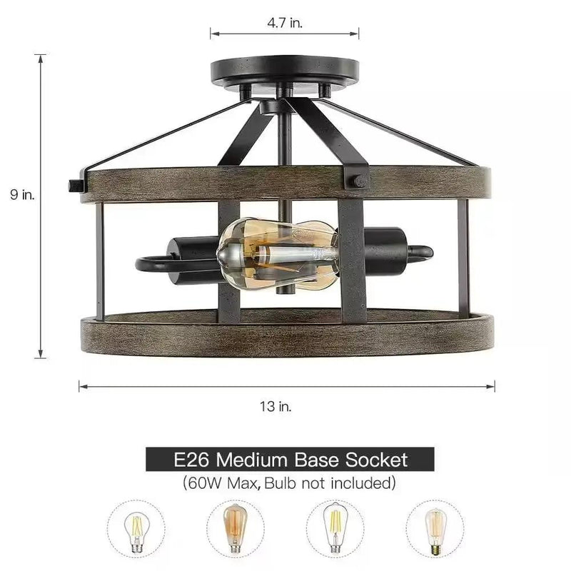 Round 13-inch Metal Wood Farmhouse 2-Light Ceiling Lamp - Semi-Flush Mount by HomePacific