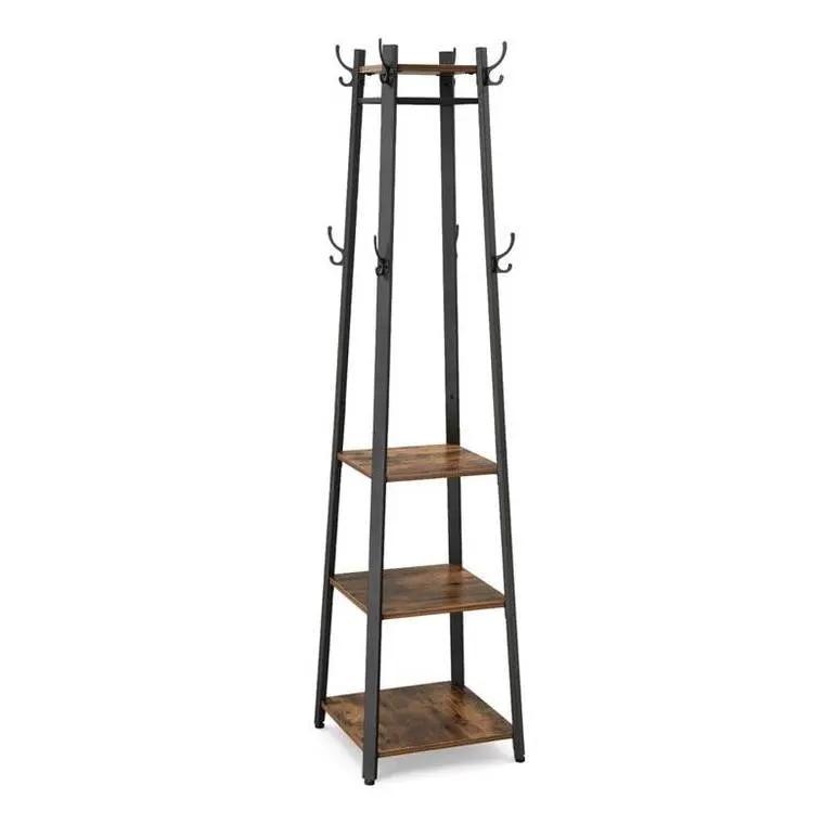 Modern Industrial Metal Frame Wood Shelf Coat Rack with 3-Shelves by HomePacific
