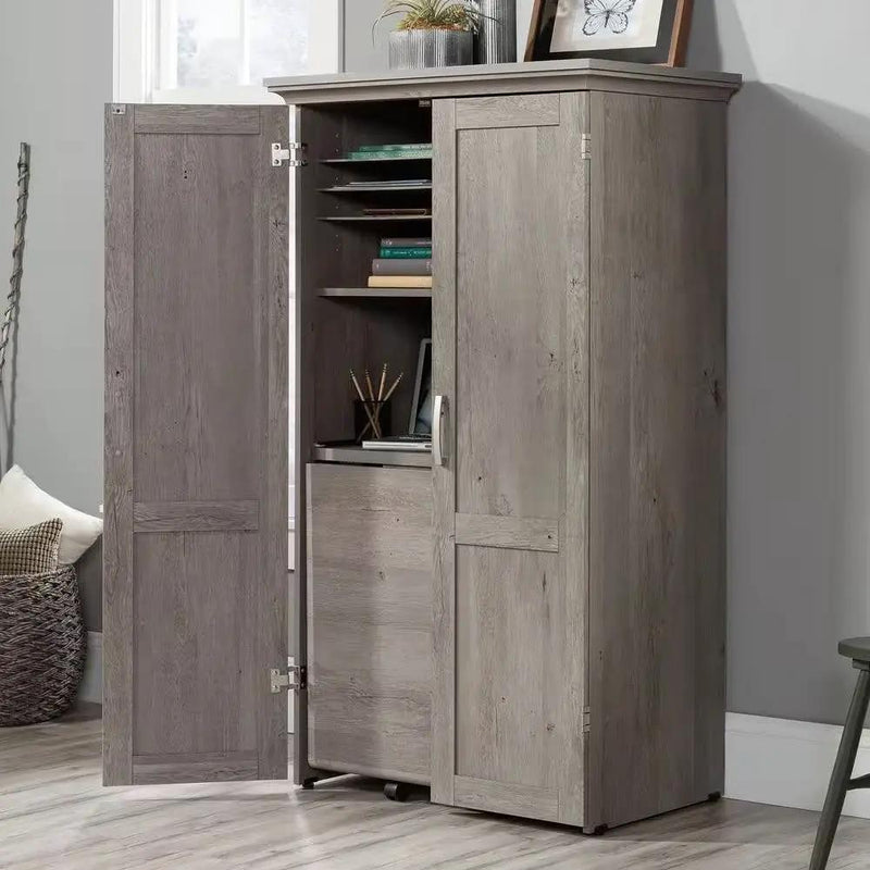 Armoire with Drop Leaf Laptop Desk Craft Table in Grey Oak Finish - Made in USA by HomePacific