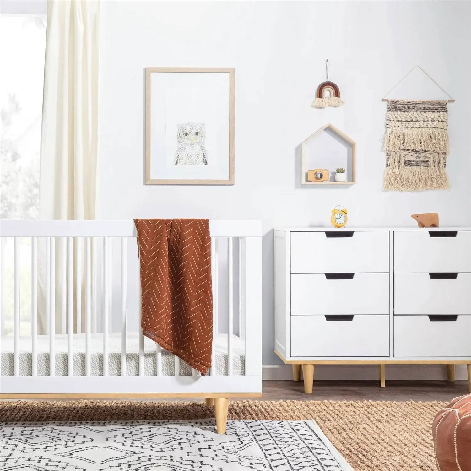 Modern Mid-Century Style 6-Drawer Double Dresser in White Natural Wood Finish by HomePacific