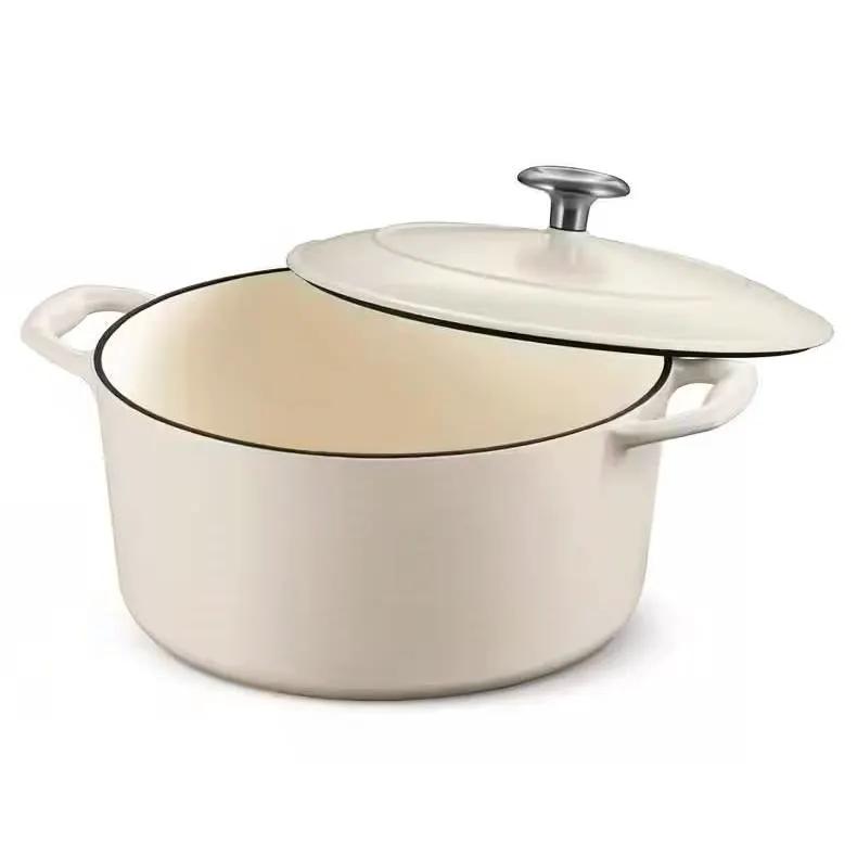 Round 5.5 Quart White Beige Enameled Oven Safe Cast Iron Dutch Oven with Lid by HomePacific