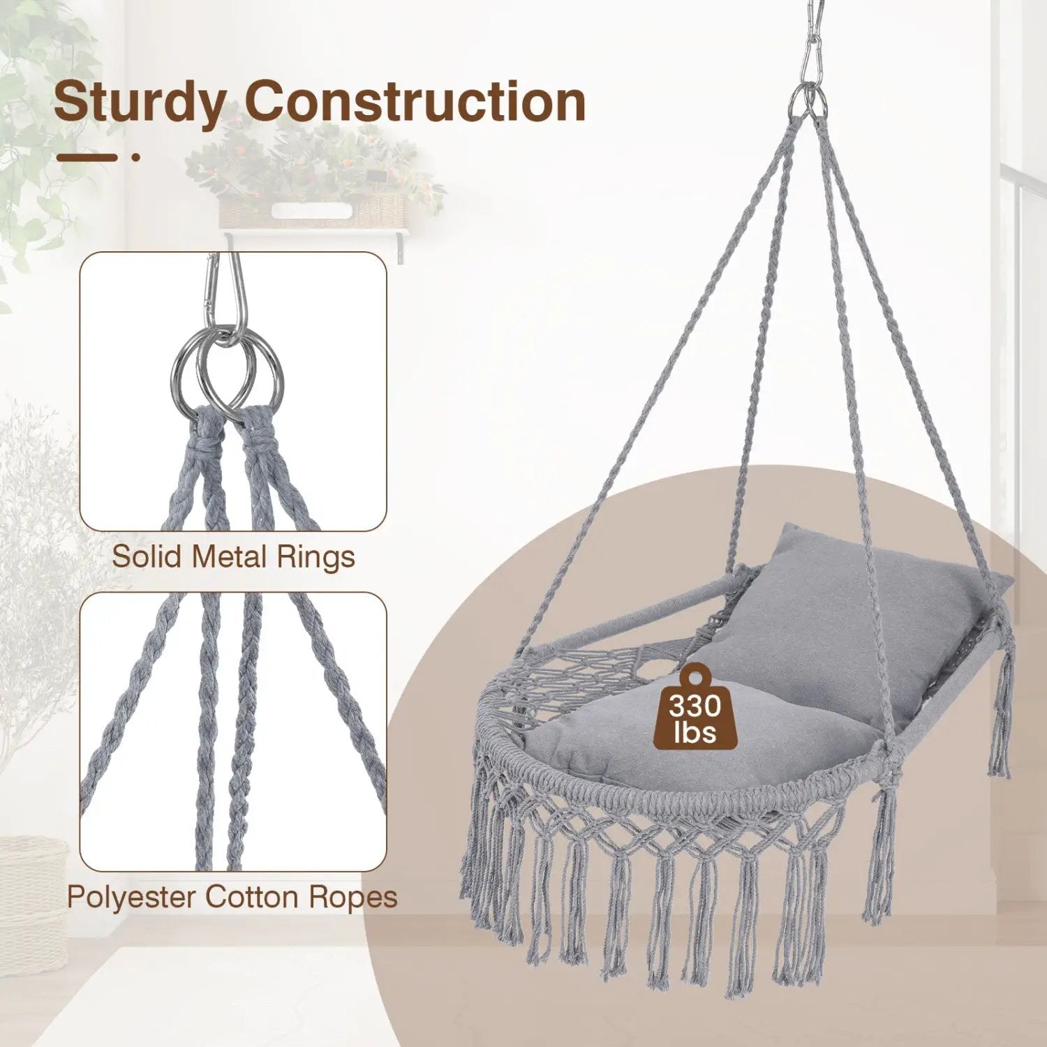 Macrame Swing Chair Hammock Chair with 2 Removable Cushions by DirectDeals