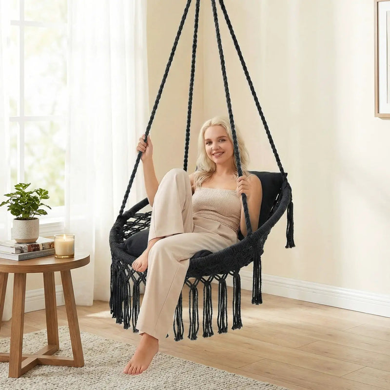 Macrame Swing Chair Hammock Chair with 2 Removable Cushions by DirectDeals
