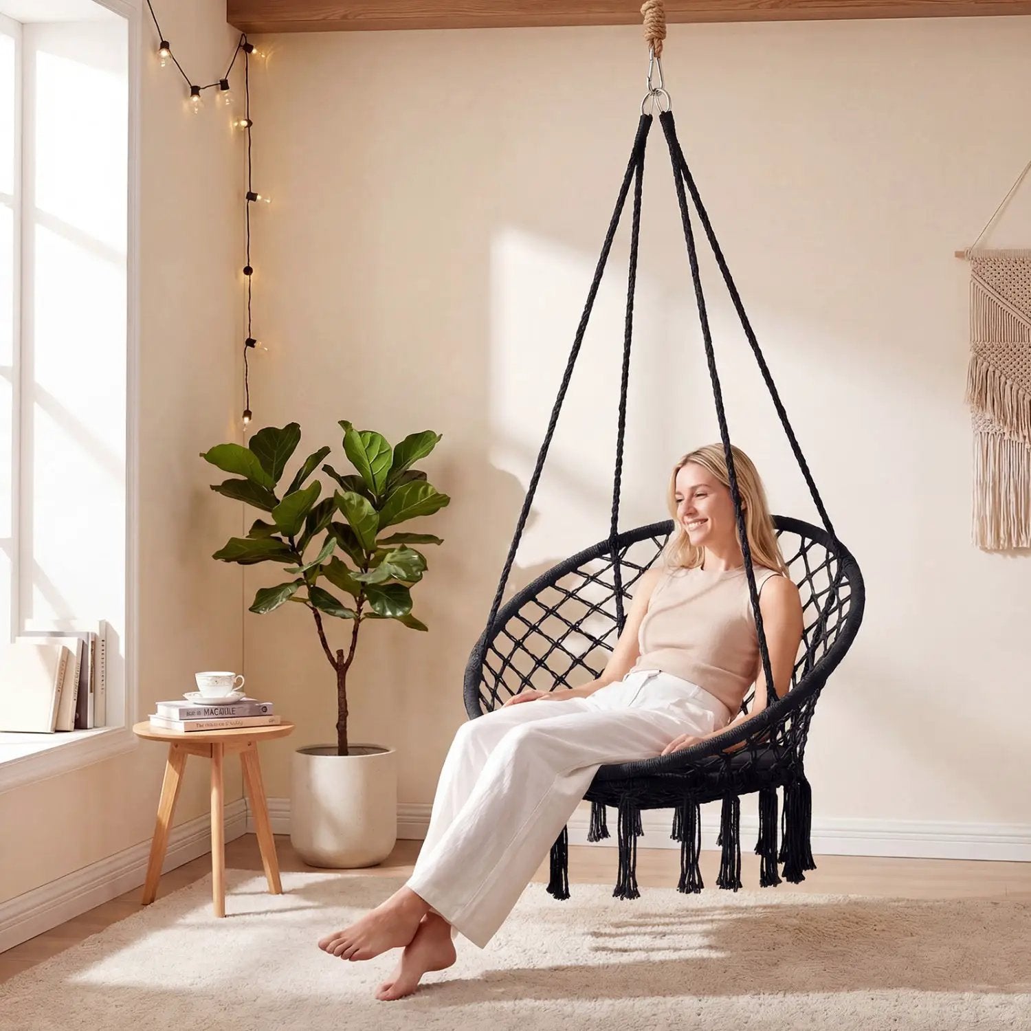 Macrame Swing Chair Hammock Chair with Round Seat Cushion by DirectDeals