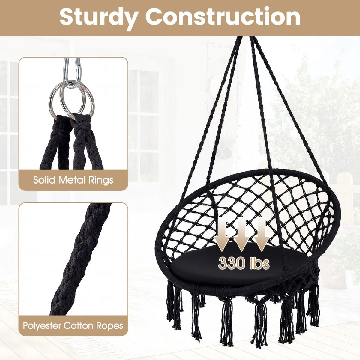 Macrame Swing Chair Hammock Chair with Round Seat Cushion, photo 9 of 32