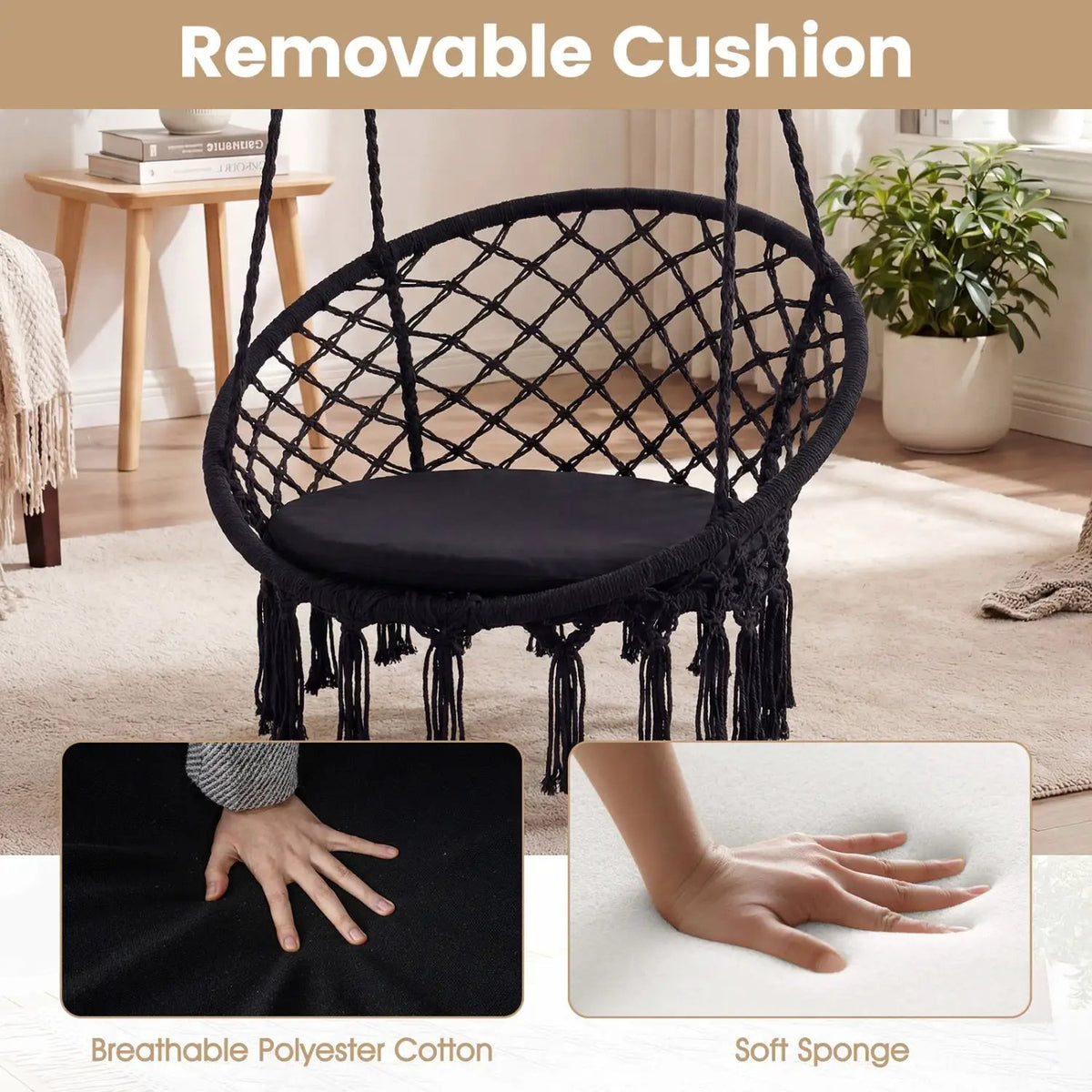 Macrame Swing Chair Hammock Chair with Round Seat Cushion, photo 10 of 32