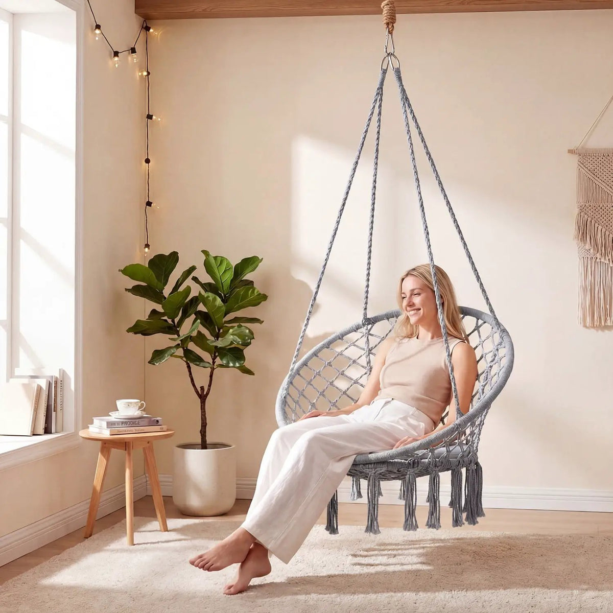 Macrame Swing Chair Hammock Chair with Round Seat Cushion, photo 26 of 32