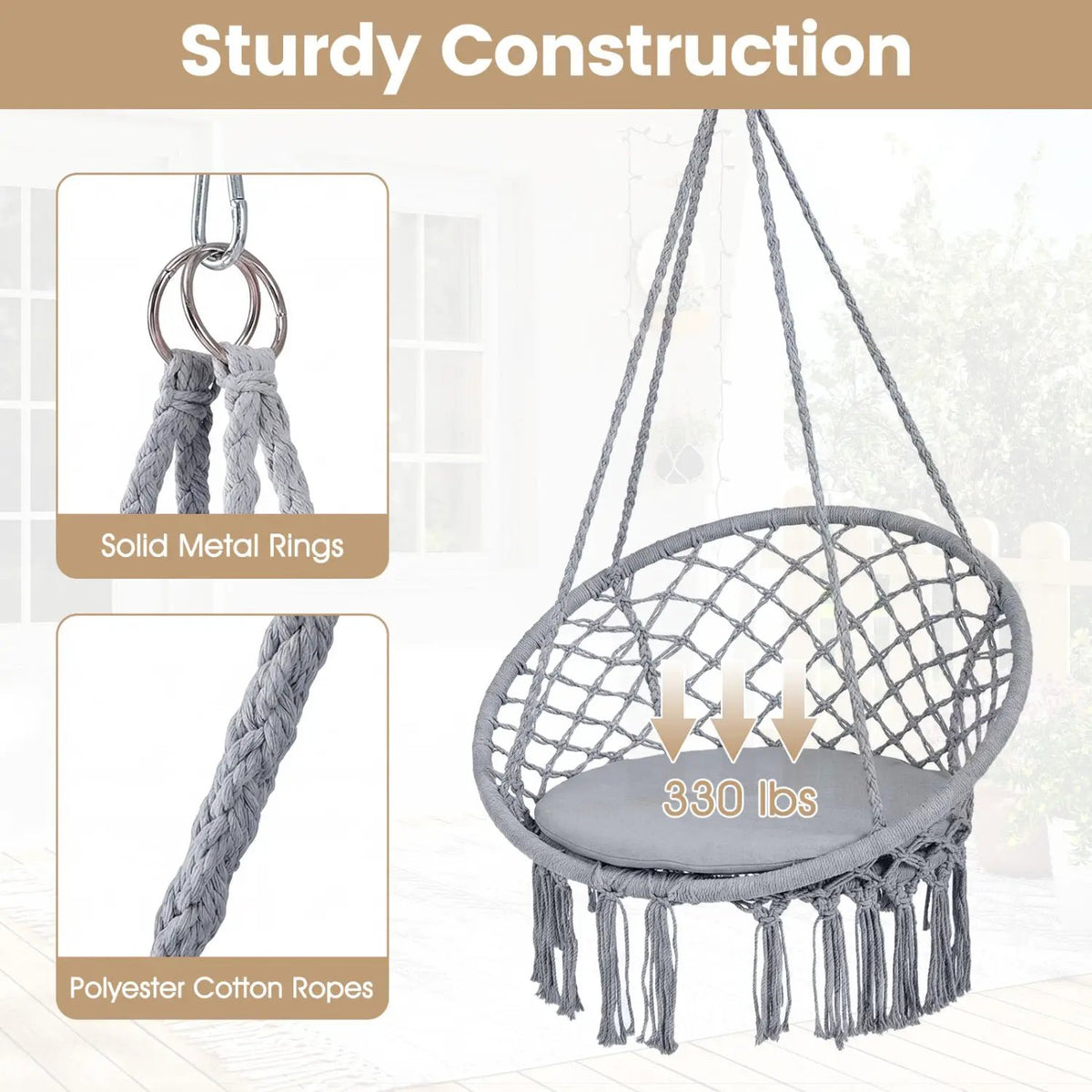 Macrame Swing Chair Hammock Chair with Round Seat Cushion, photo 30 of 32