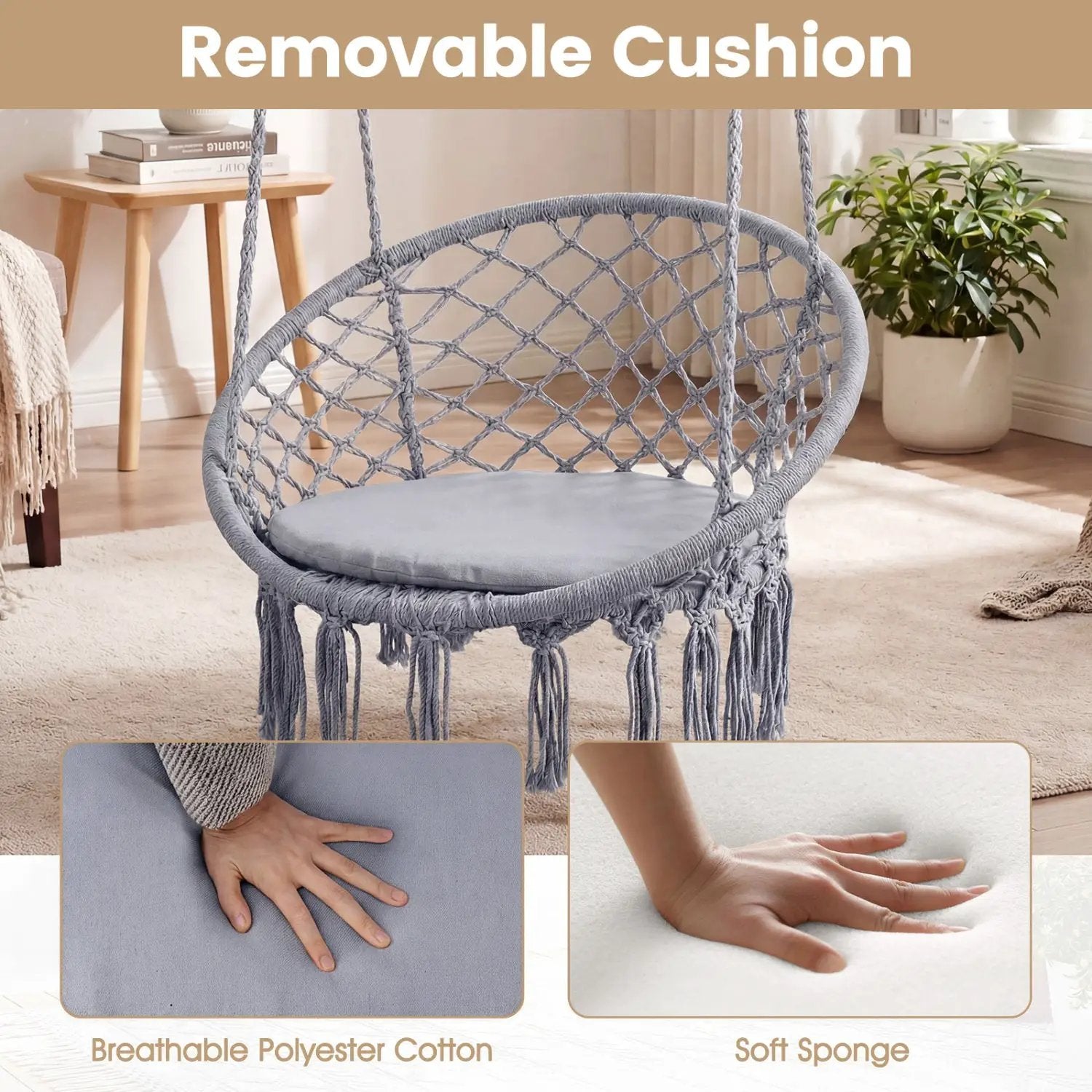 Macrame Swing Chair Hammock Chair with Round Seat Cushion by DirectDeals