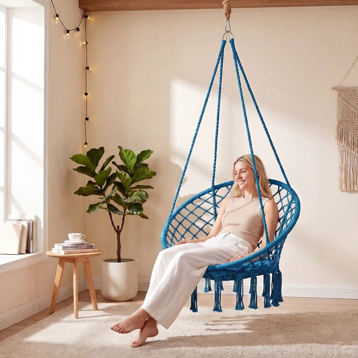 Macrame Swing Chair Hammock Chair with Round Seat Cushion, photo 19 of 32