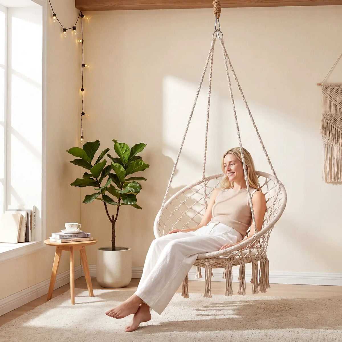 Macrame Swing Chair Hammock Chair with Round Seat Cushion, photo 12 of 32