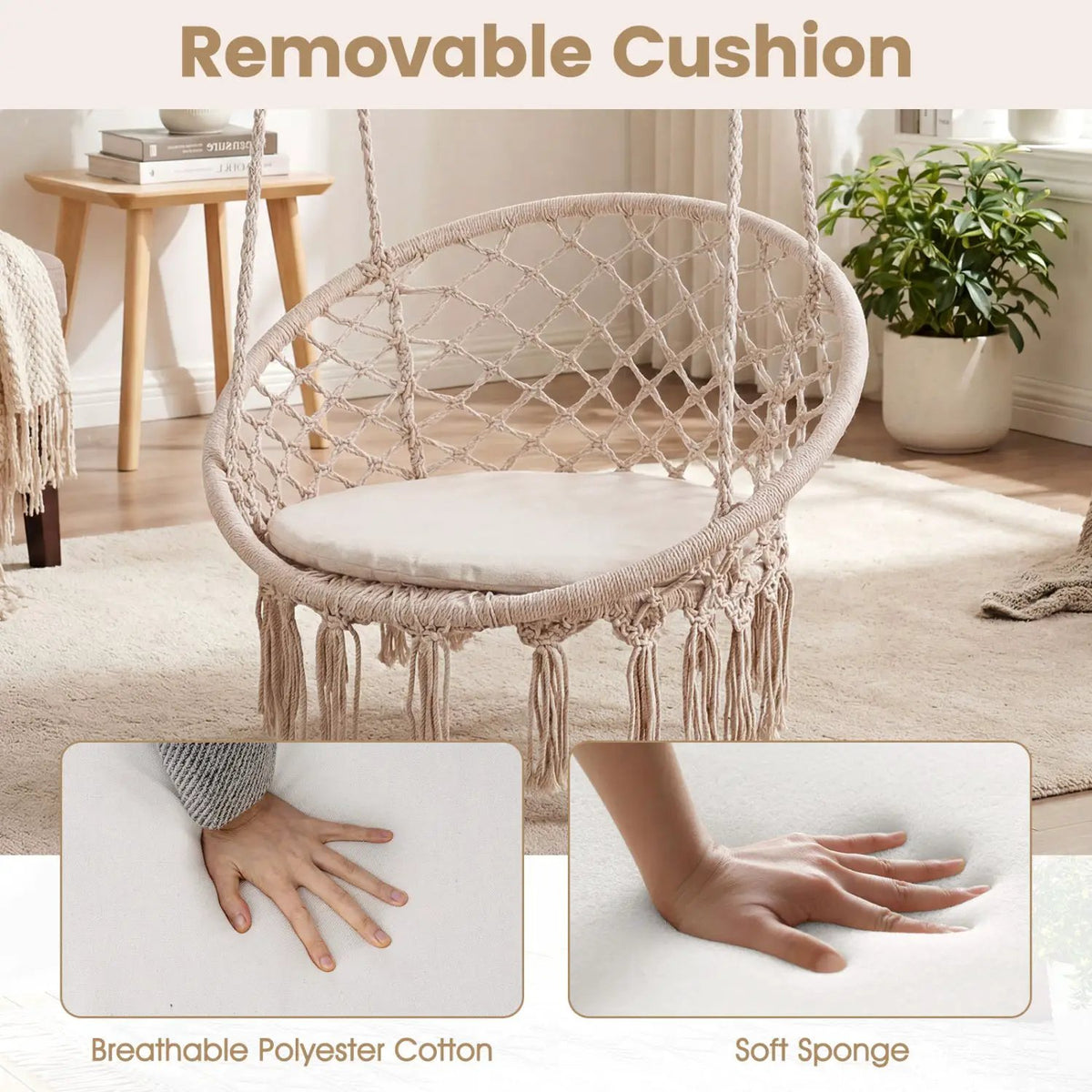 Macrame Swing Chair Hammock Chair with Round Seat Cushion, photo 17 of 32