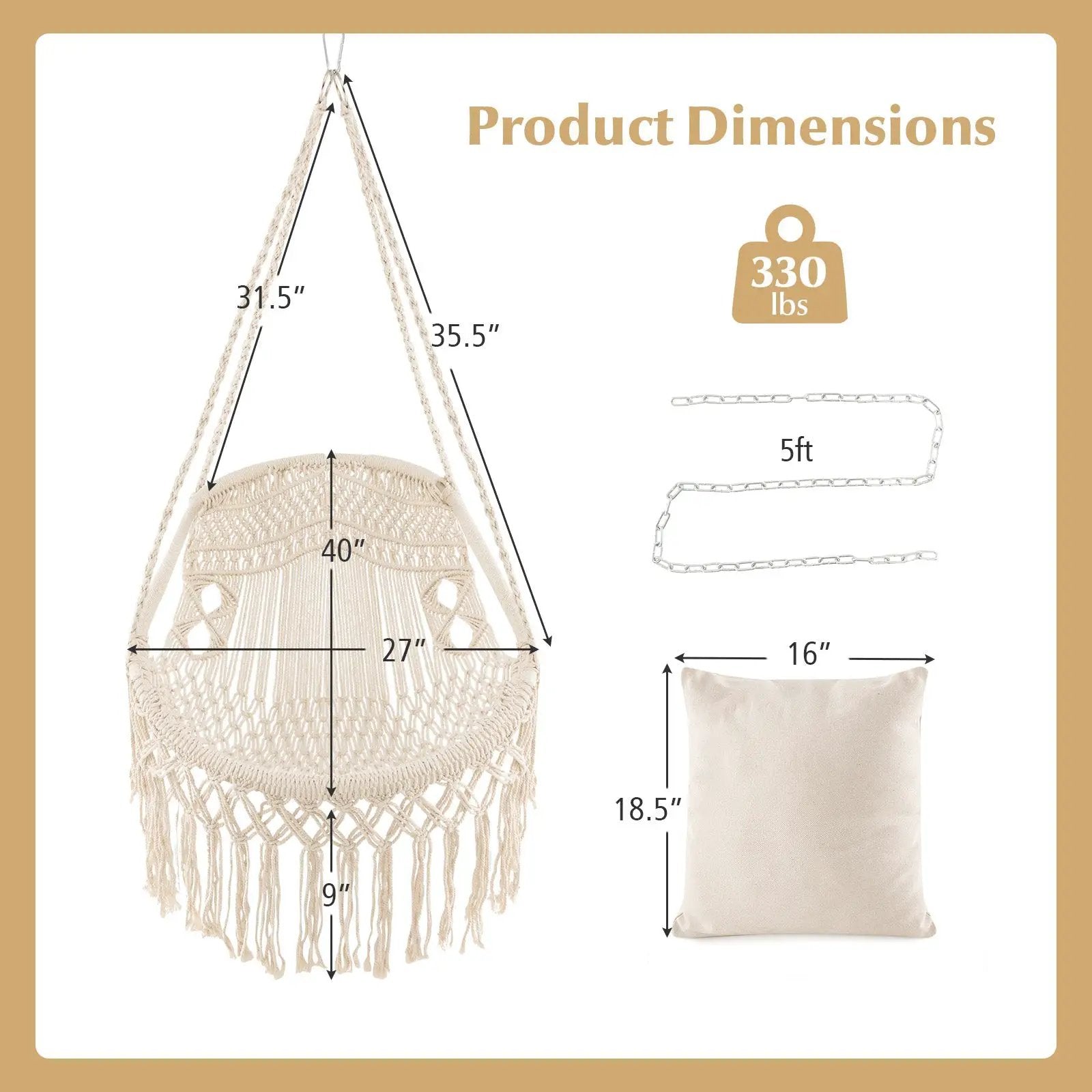 Hanging Hammock Chair with Soft Seat Cushions and Sturdy Rope Chain by DirectDeals