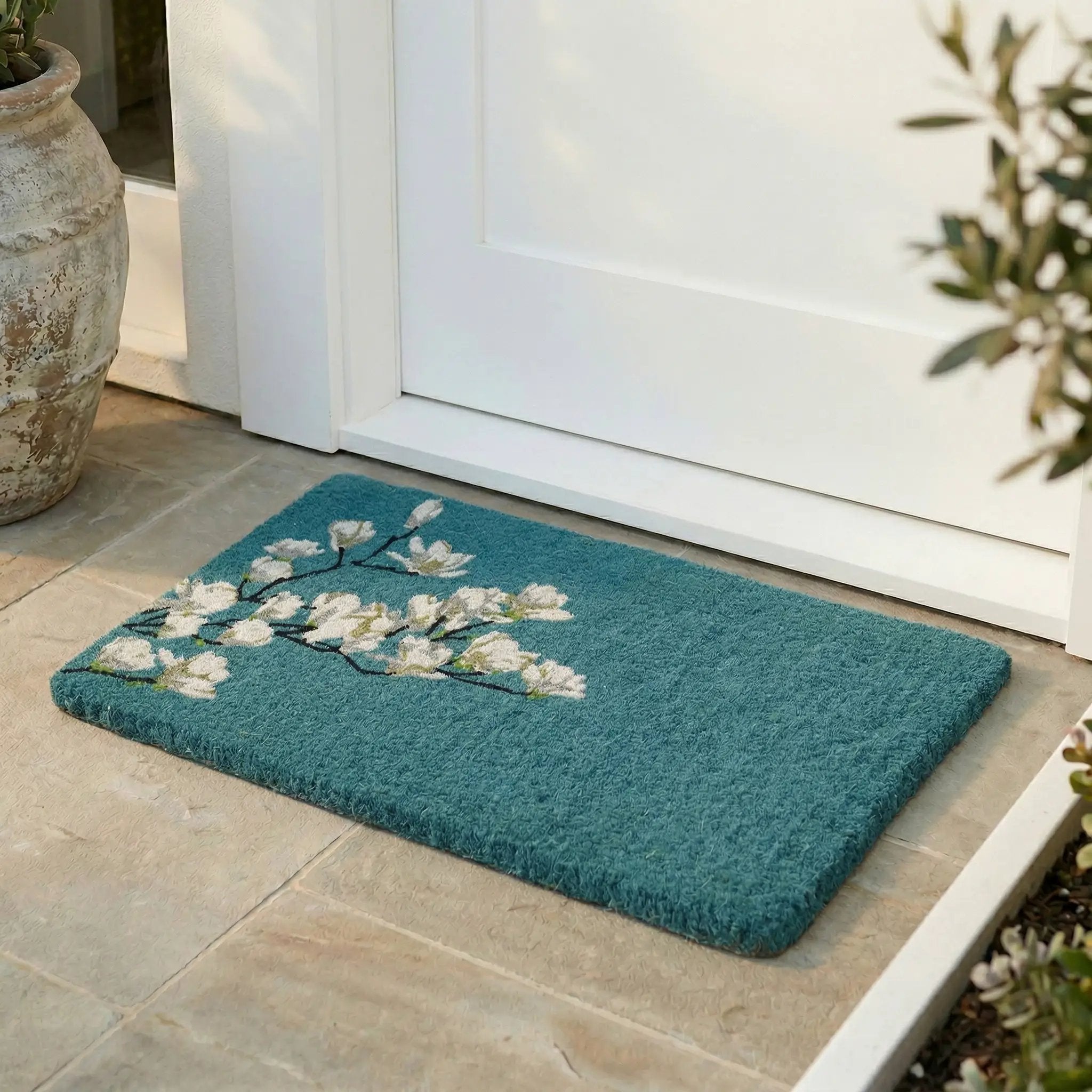 Magnolia Branch - Blue Coir Doormat by Fab Habitat