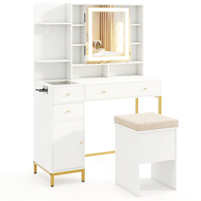 Makeup Dressing Table and Stool set with 3 Lighting Modes and Cabinet-White by DirectDeals