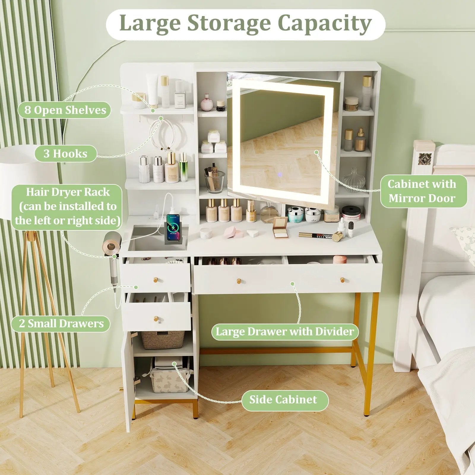 Makeup Dressing Table and Stool set with 3 Lighting Modes and Cabinet-White by DirectDeals