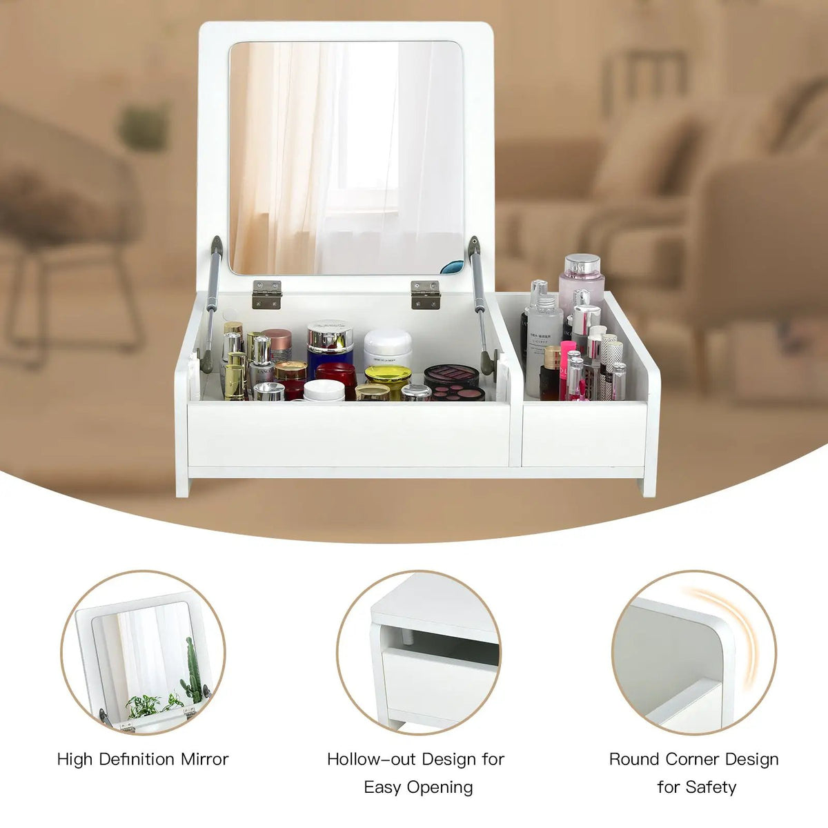 Compact Bay Window Makeup Dressing Table with Flip-Top Mirror, detail