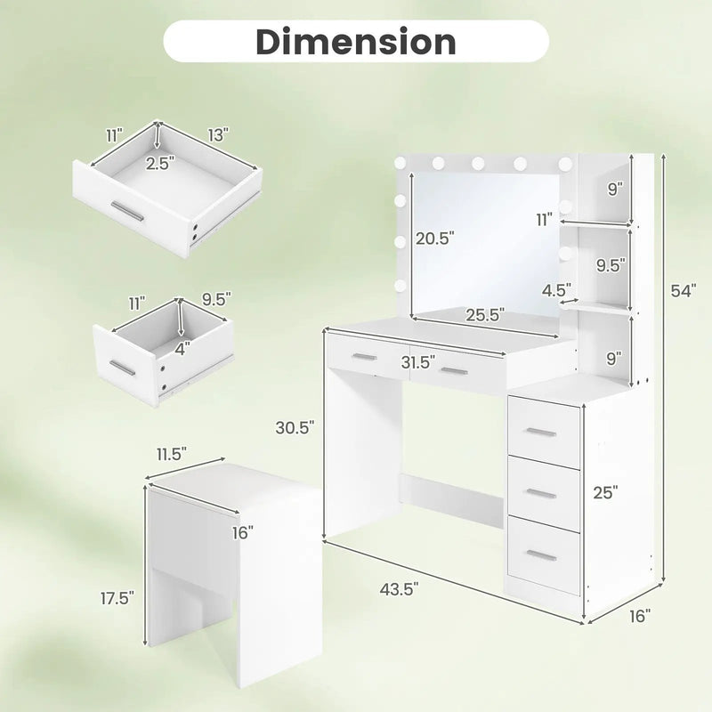 Makeup Table and Stool Set with Hair Dryer Stand-White by DirectDeals