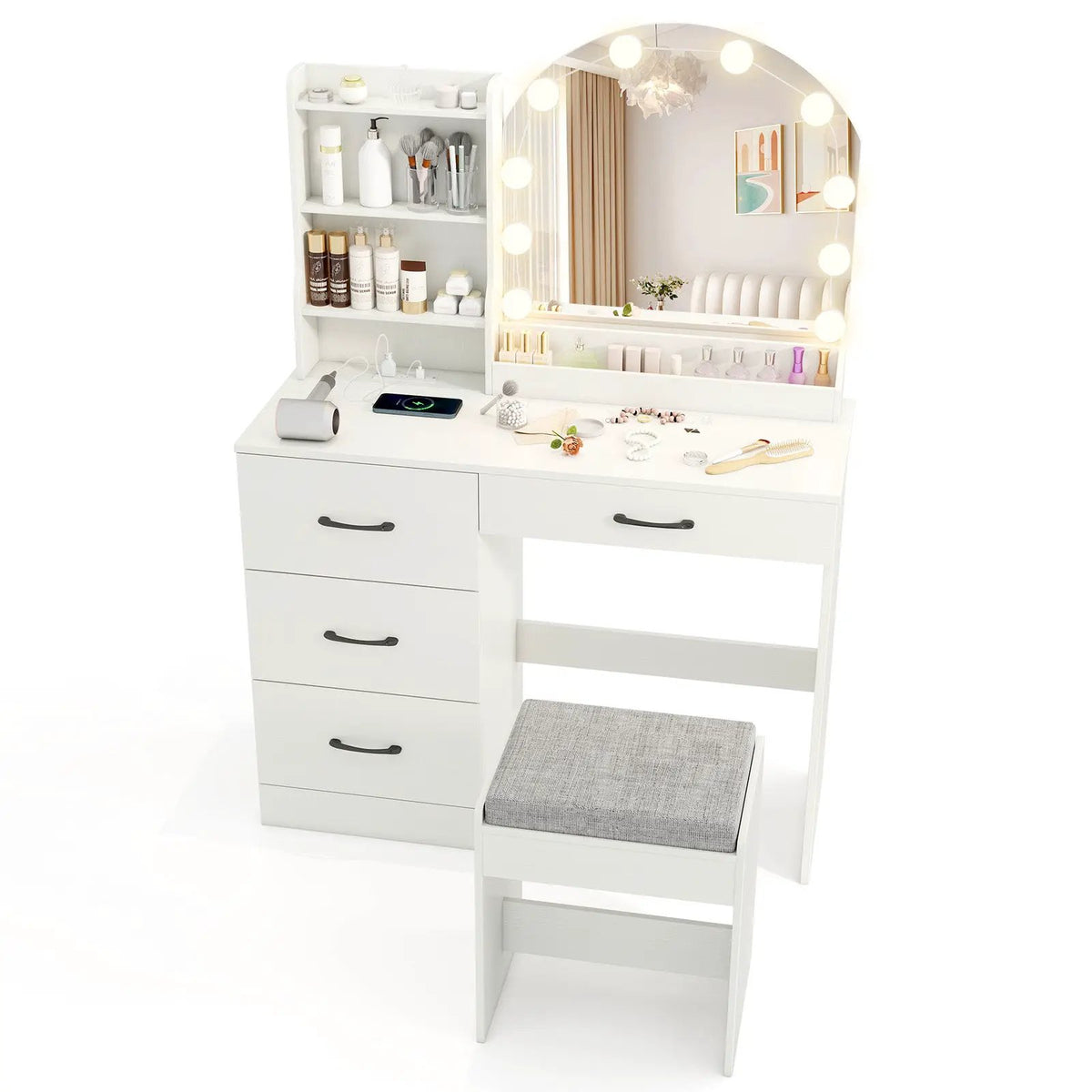 Makeup Vanity Desk Dressing Table and Stool Set with Mirror and Lights, photo 9 of 9