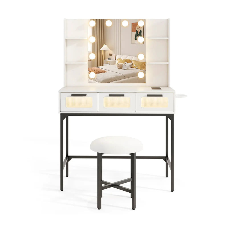 Bedroom Makeup Vanity Desk with Hollywood Mirror and Lights-White by DirectDeals