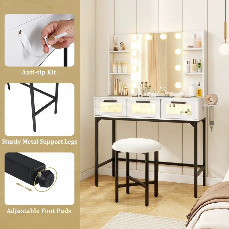 Bedroom Makeup Vanity Desk with Hollywood Mirror and Lights-White by DirectDeals