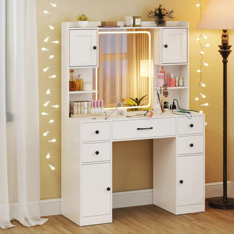 Makeup Vanity Desk with Lighted Mirror and Charging Station-White by DirectDeals