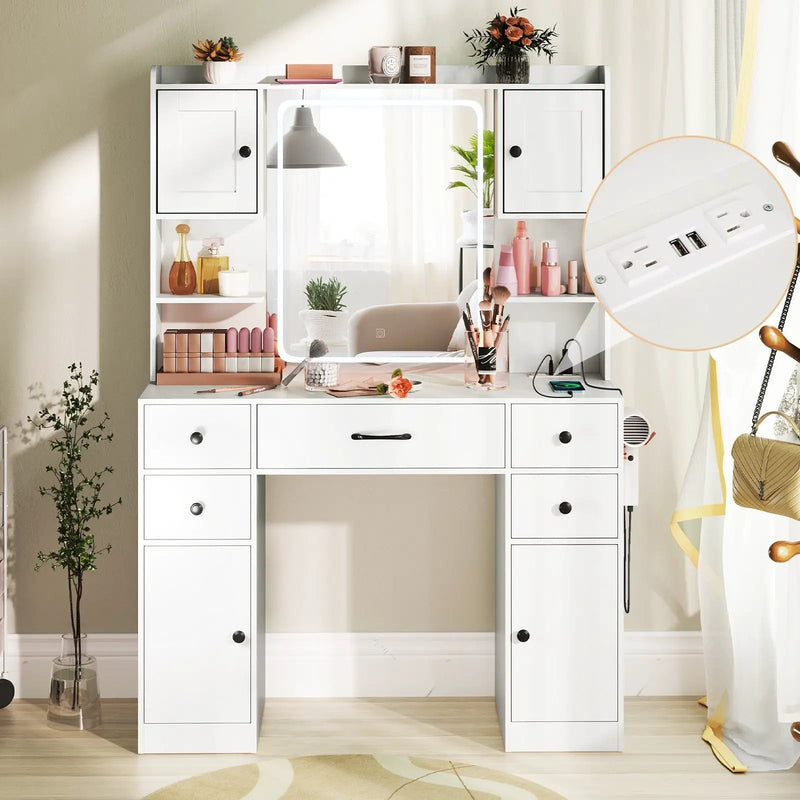 Makeup Vanity Desk with Lighted Mirror and Charging Station-White by DirectDeals