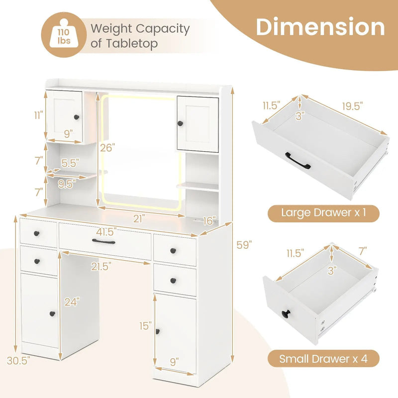 Makeup Vanity Desk with Lighted Mirror and Charging Station-White by DirectDeals