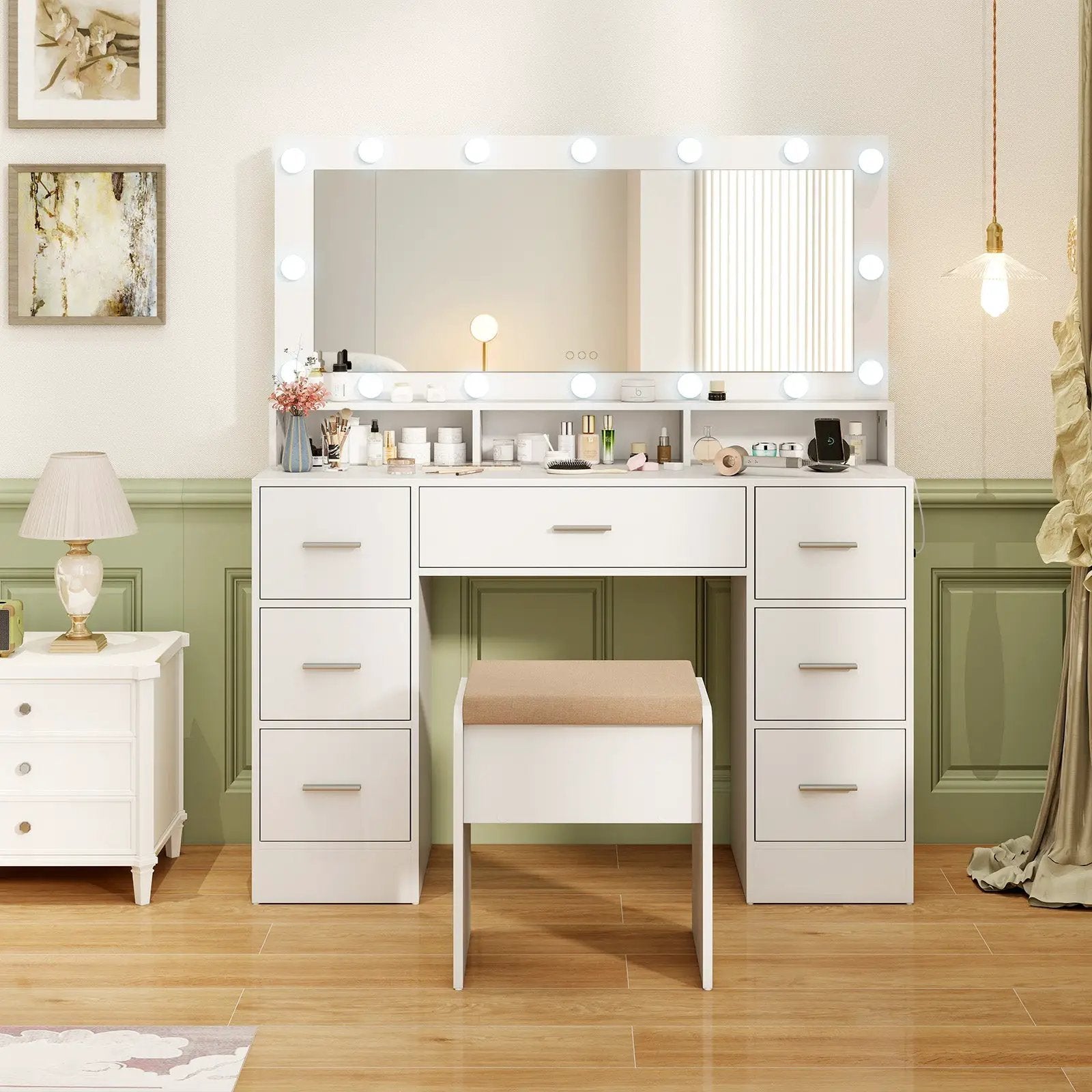 Makeup Vanity Desk with Mirror 3-Color LED Lights and Charging Station by DirectDeals