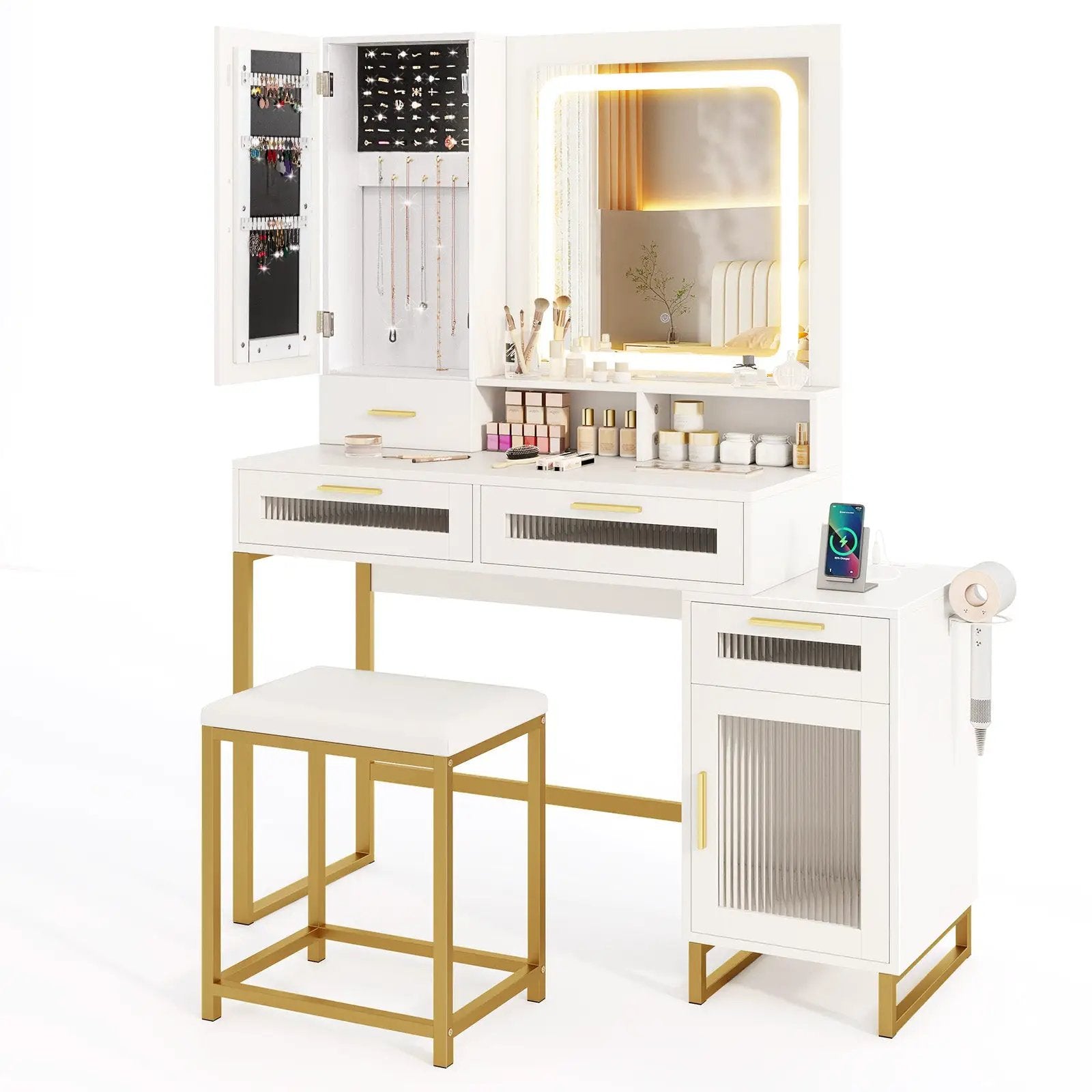 Makeup Vanity Desk Dressing Table and Stool Set with Lighted Mirror-White by DirectDeals